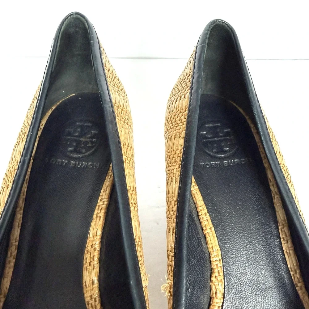 Tory Burch Sally Raffia Wedge Heel Shoes Size 11 Black Leather Lg Logo Career